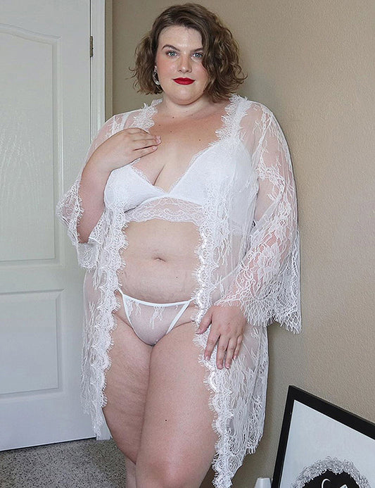 Plus Size Lace Robe Long Sleeves See Through Sexy Sleepwear