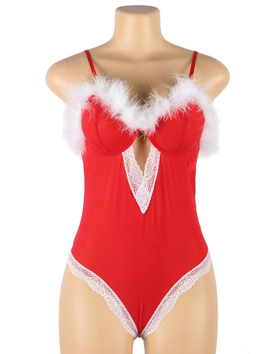 Red Christmas Plush Decoration Teddy Mesh Lace V-neck Suspenders