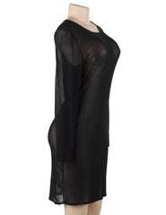 Black Long Sleeve Sexy Women See Through Sleepwear Dress 2