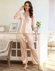 Womens Long Sleeve V Neck Silk Satin Pajamas Set