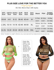 Long Sleeve Two-Piece Bodystocking With Fishnet Crop Top And Mid-high Bottom for Women