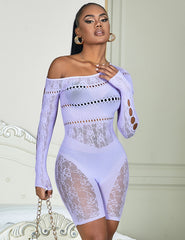 Long-Sleeved One Shoulder Colored Diamonds Mesh Bodystocking Jumpsuit