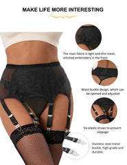 Embroidery Mesh Sexy Garter Belts and G String Lingerie Set