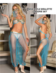 Blue Indian Style Sexy Bralette Lingerie Set With Golden Paillette