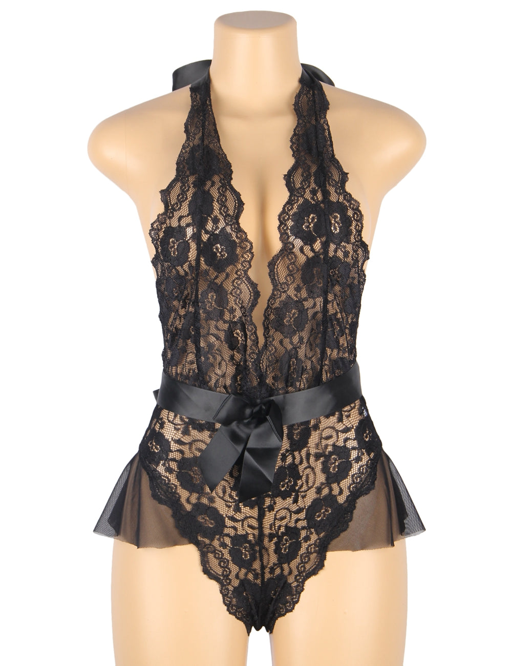 One Piece Lace Mesh Halter V-Neckline Ruffle Teddy With The Belt