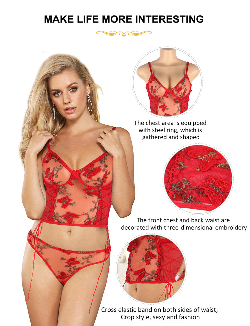 Butterfly Pattern Embroidery Mesh Lingerie Set With Underwire