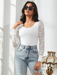 Long Sleeve Lace Round-Neck Openable Crotch Mesh Daily Wear Bodysuit