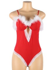 Red Christmas Plush Decoration Teddy Mesh Lace V-neck Suspenders