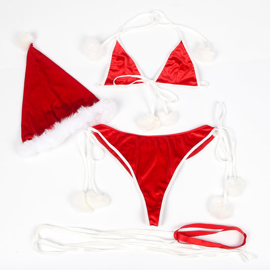 Sexy Red Christmas Plush Bra Set Velvet 9-shaped Buckle Straps Fur Balls Hat Leg Rings