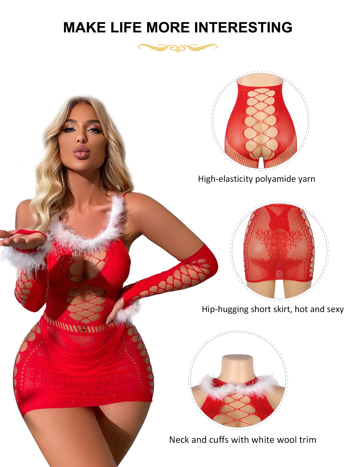 Women's Sleeves Sexy Christmas Hip-hugging Short Skirt Red Fluffy Bodystocking