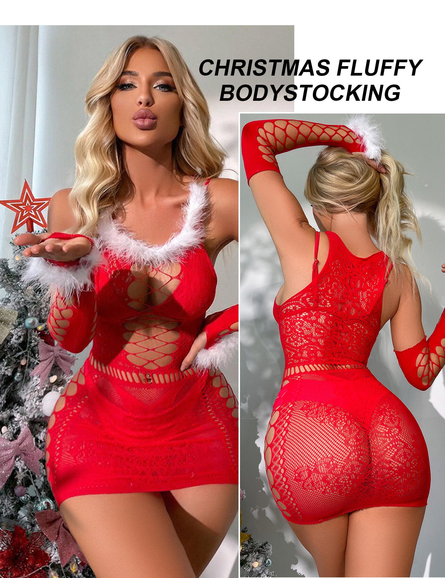 Women's Sleeves Sexy Christmas Hip-hugging Short Skirt Red Fluffy Bodystocking