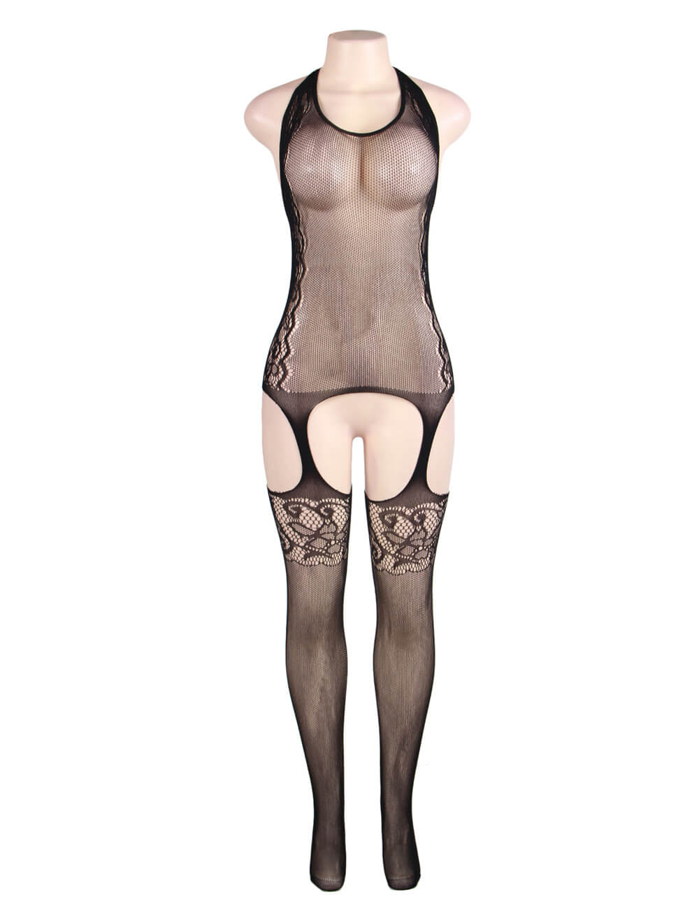 Sexy Delicate Crotchless Black Halter Fishnet Bodystocking Lingerie