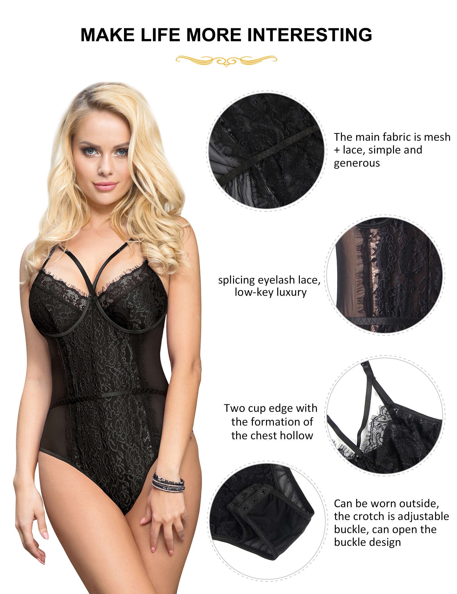 Lace Teddy Lingerie Bodysuit With Snap Bottom