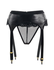 Black Lace Sexy Erotic Faux Leather Panties Garter Belt For Women Plus Size