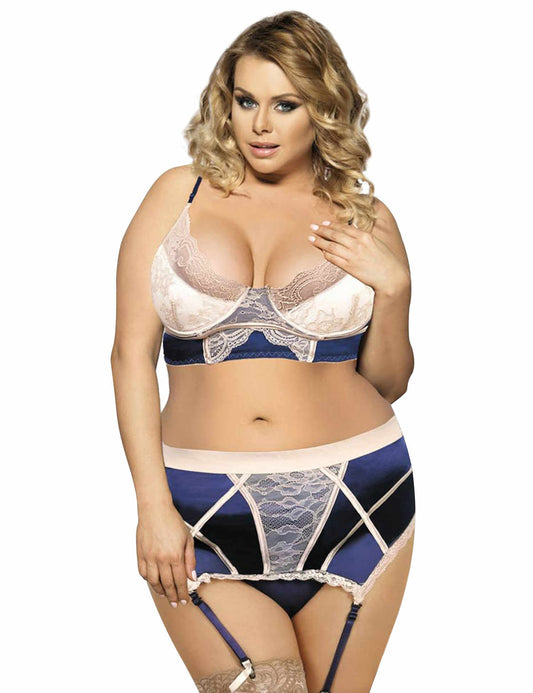 Plus Size Women Spliced Lace Sexy Underwired Lingerie Set with Garter Belts