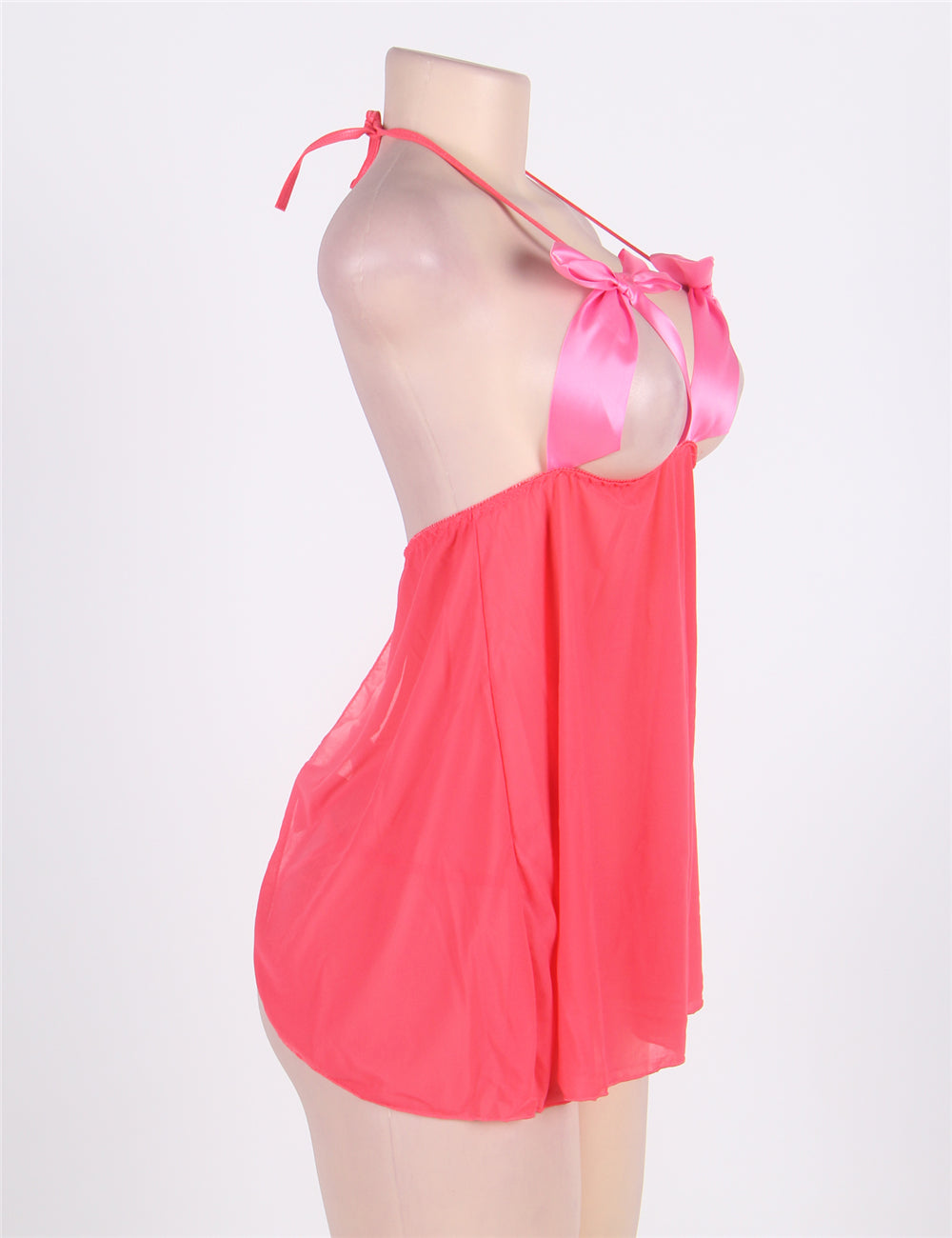 Lovely Pink Mesh Plus Size Open Cup Babydoll With Cute Bowknot
