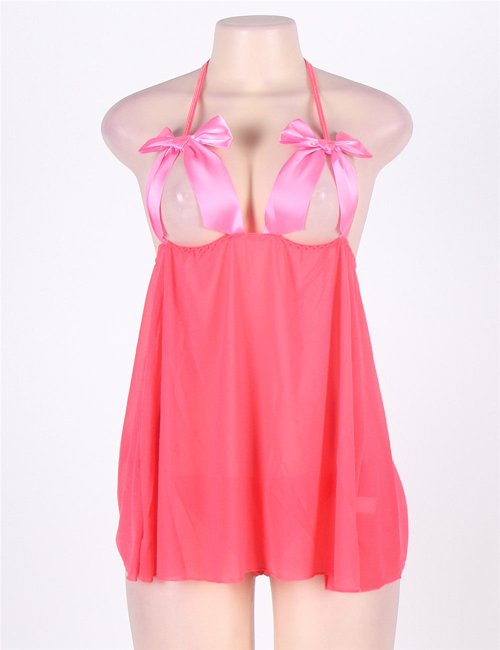 Lovely Pink Mesh Plus Size Open Cup Babydoll With Cute Bowknot