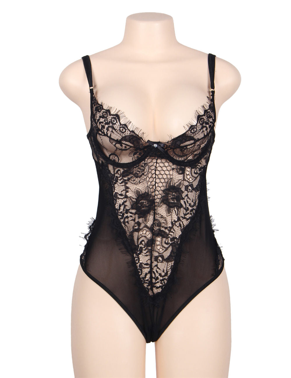 Women Sexy Bodysuit With Sheer Lace Mesh Stitched Hollow