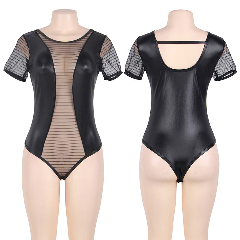 Sexy Faux Leather Lingerie Sheer Short Sleeve Snap Crotch Bodysuit
