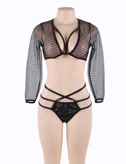 Plus Size Black Striped Lace Sexy Long Sleeve Bra Set