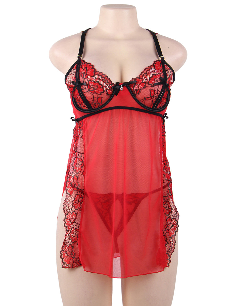 Plus Size Elegant Passion Red Sheer Mesh Open Cup Sexy Babydoll