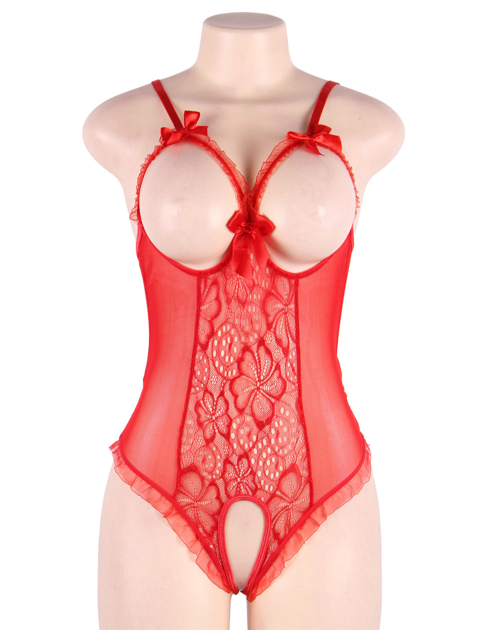 Lace Mesh Open Cup Crotchless One-Piece Teddy