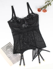 Women's Black Mesh Lace Gartered Babydoll Lingerie Set 3