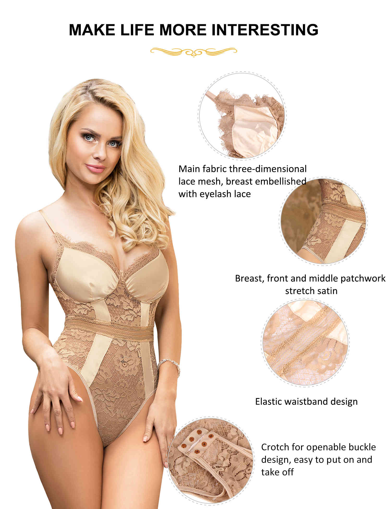 Teddy Lingerie Sexy Lace Bodysuit Snap Crotch nude 4