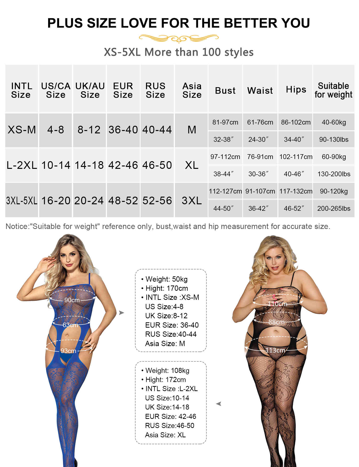 Crotchless Bodystocking for Women Floral Pattern Lingerie black size chart