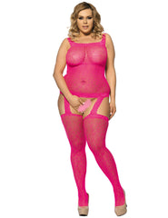 Leopard Pattern Plus Size Bodystocking Crotchless Attached Stockings pink1