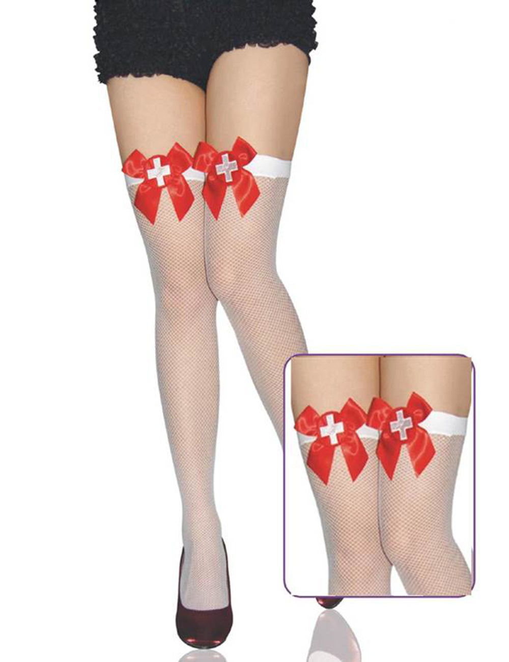 Sexy White Mesh Bow Tie Nurse Long Stockings