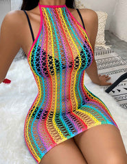 Fishnet Rainbow Mesh Sexy Bodystocking for Women Free Size Mini Dress