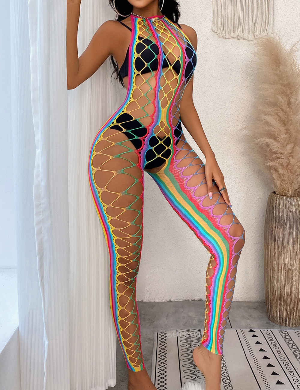 Fishnet Rainbow Mesh Sexy Bodystocking for Women Free Size Bodystocking