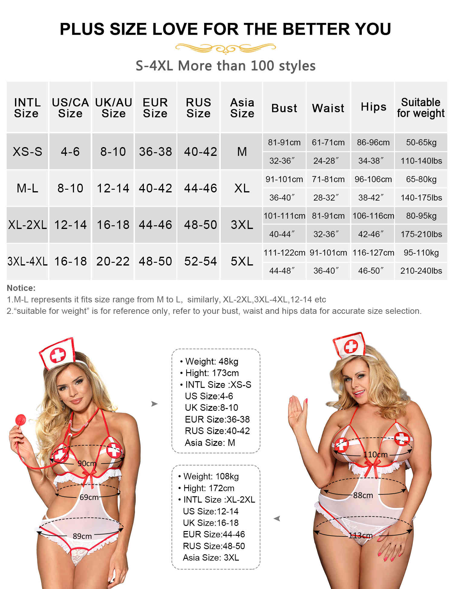 Sexy Bodysuit Teddy Nurse Costume size chart