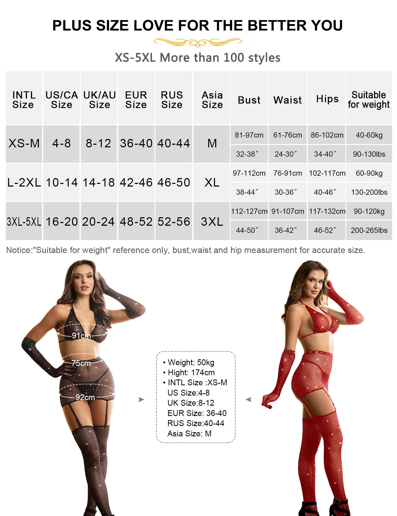 Fishnet Bodystocking Lingerie Set for Women Sparkly Rhinestone 5 Pieces size chart