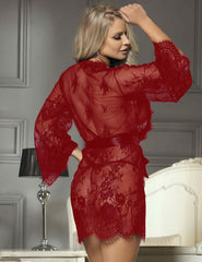 red Plus Size Lace Robe Long Sleeves See Through Sexy Sleepwear 1